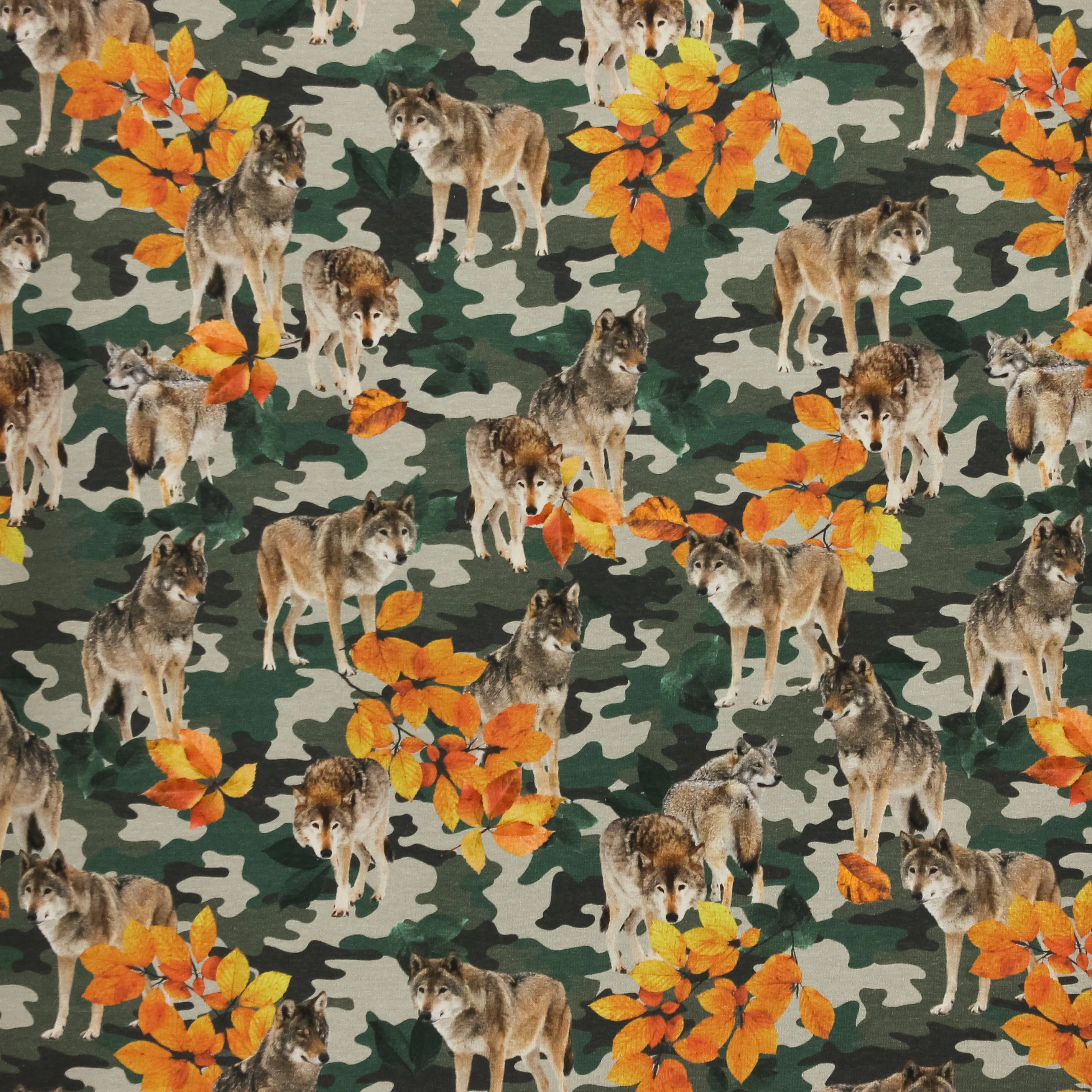 Tricot camouflageprint met wolven